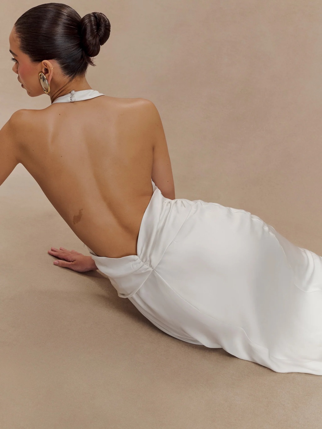 Backless White Satin Halter Dress (Rinna - Meshki - Medium)